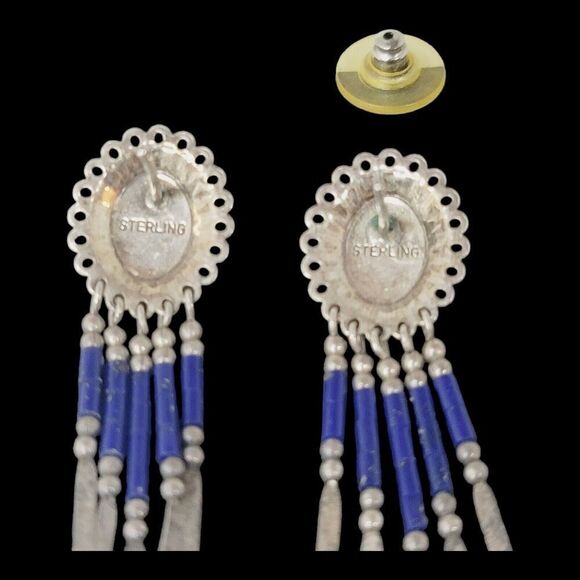 Southwest Concho Lapis Lazuli Dangle Earrings .925 Sterling Silver - Picture 5 of 6